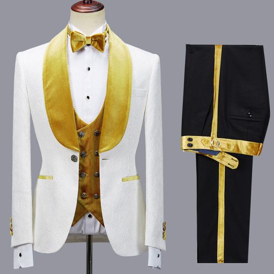 Prokopiou White Chic Jacquard Three Pieces Wedding Suit With Yellow Lapel_3