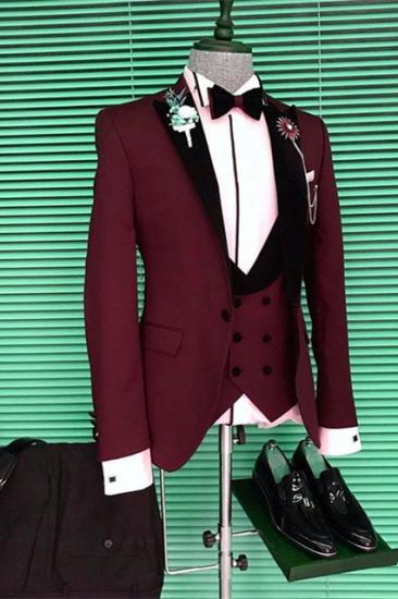 Tassos Burgundy Slim Fit Three Pieces Men Suits with Black Peaked Lapel_1