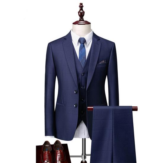 Classical Dark Navy Slim Fit Three Pieces Notch Lapel Men Suits_3