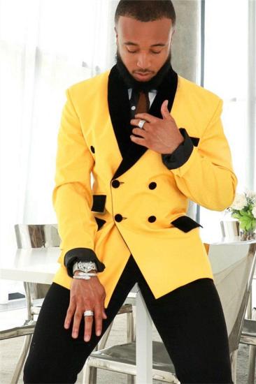 Ronan Newest Yellow Double Breasted Slim Fit Mens Suits with Black Shawl_2