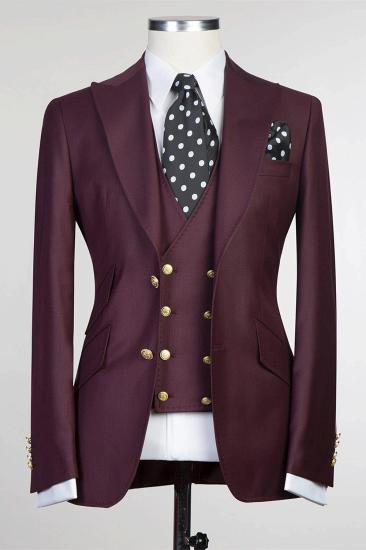 Sterling Popular Burgundy Three Pieces Slim fit Peaked Lapel Men Suits_1