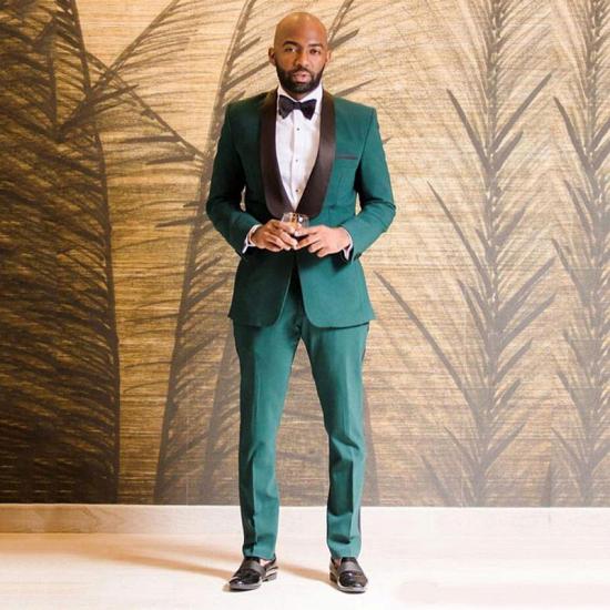 Dark green single button black silk shawl collar groom set | Men's wedding suit_2