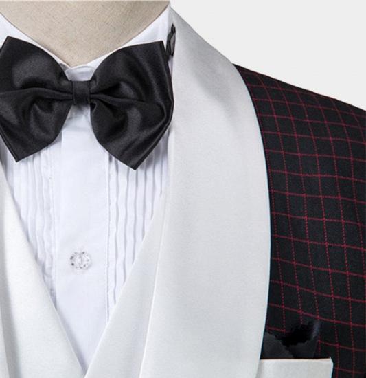 Chic Burgundy Checkered White Lapel Three Pieces Prom Men Suits_4