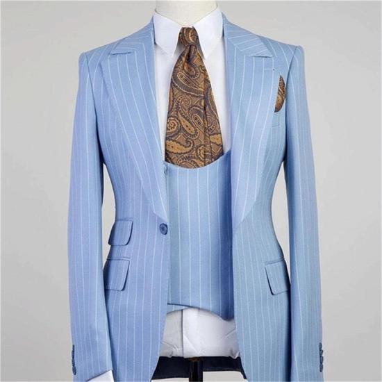 Stylish Blue Stripe Peaked Lapel Three Pieces Men Suits_2