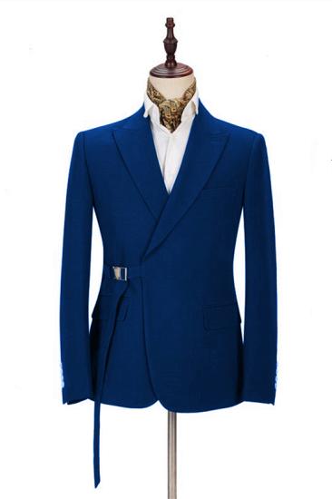 Unique Royal Blue Men's Casual Suit | Peak Lapel Buckle Button Groomsmen Suit for Formal