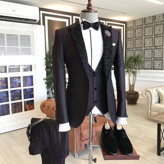 Latest Design 3-Pieces Black Jacquard Peaked Lapel Bespoke Business Suits For Men_2