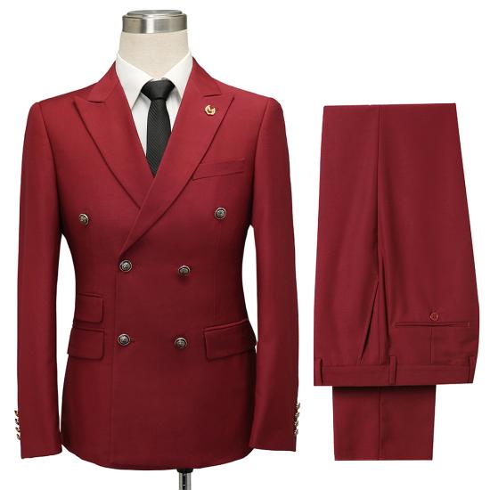 Advanced Red Double Breasted Peaked Lapel Slim Fit Men Suits_2