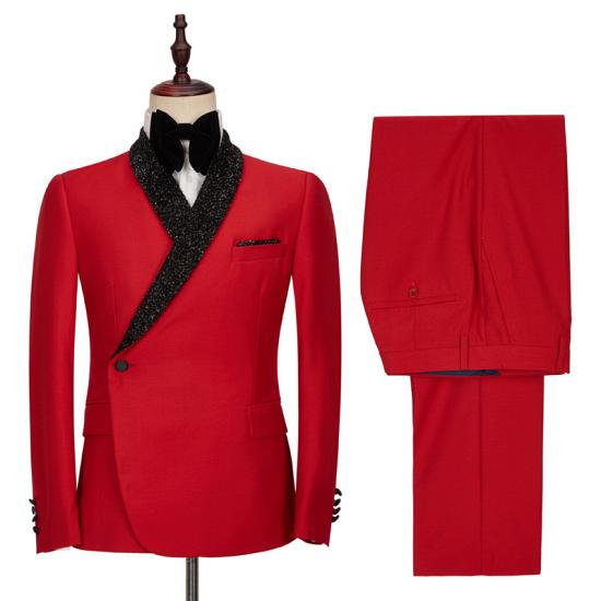 New Arrival Red Shawl Lapel Slim Fit Men Suits for Men With One Side Button_3