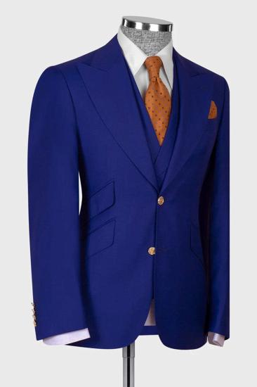 Popular Royal Blue 3 Piece Peaked Lapel Slim Fit Men Suits With Classic Vest_3