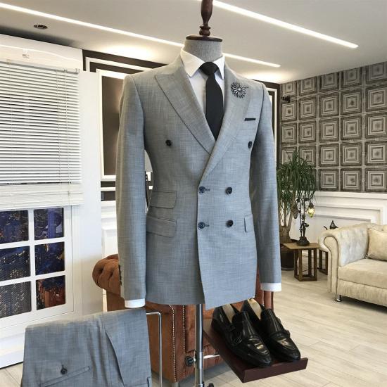 Evangelia Stylish Gray Peaked Lapel  Double Breasted Tailored Business Suits For Men_2
