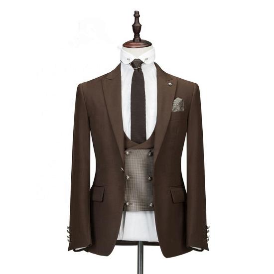 Gage Brown Flip Collar Slim Fit Men's Business Three Piece Set_3