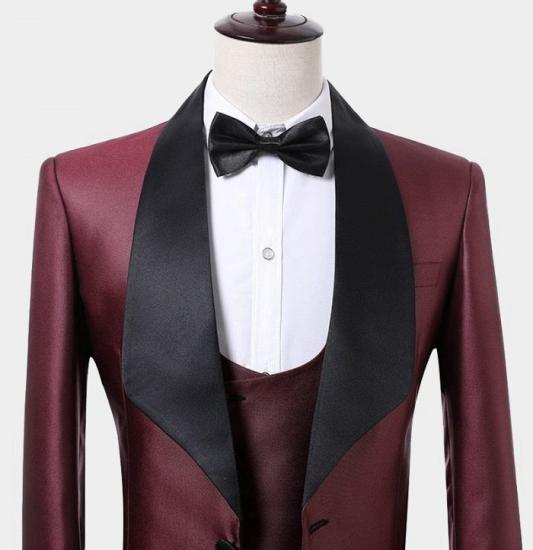 Chic Burgundy Three Pieces Men Suits | Black Shawl Lapel Tuxedo Online_4
