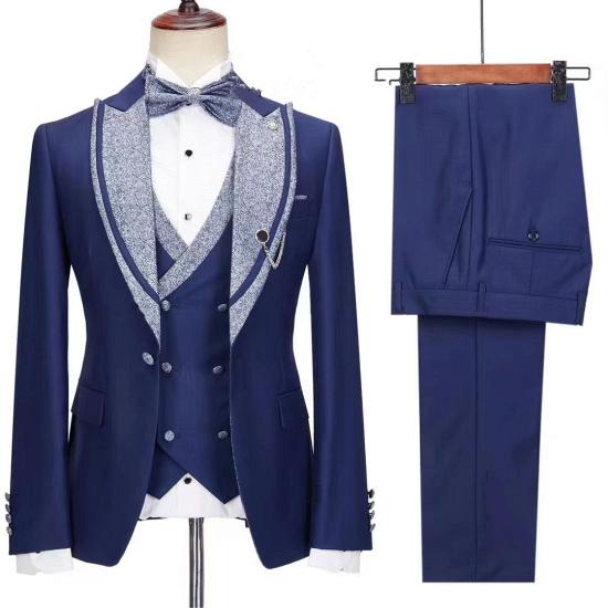 Lennox New Special Design Dark Blue Three Pieces Peaked Lapel Men's Suits_2