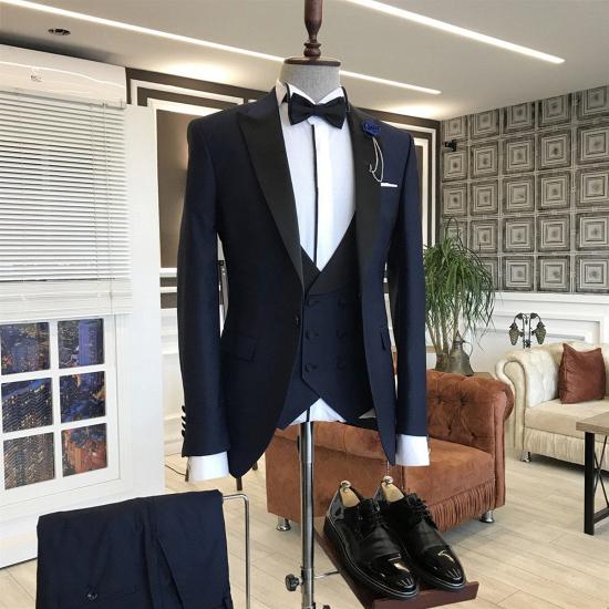 Dimitris Popular Dark Blue Men'S Business Suit With Black Peaked Lapel_2