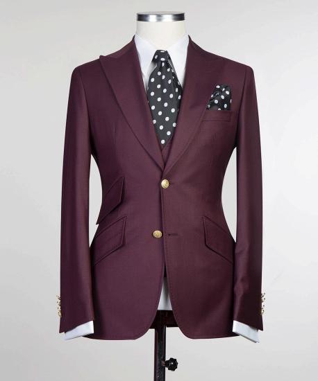 Sterling Popular Burgundy Three Pieces Slim fit Peaked Lapel Men Suits_5