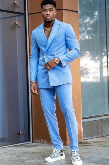 Stylish Sky Blue Double Breasted Striped Prom Suits With Notched Lapel_2