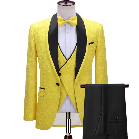 Handsome Yellow Black Lapel One Button Three-Piece Wedding Suit | happnessmall_2