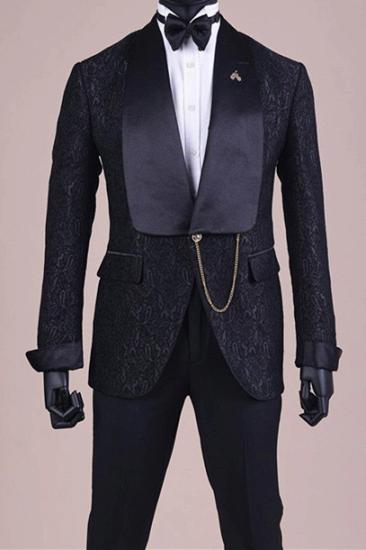 Newest Black Shawl Lapel Jacquard Wedding Groom Suits | Happnessmall_1