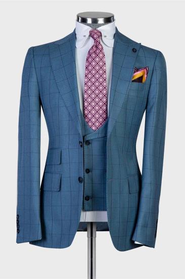 Stylish Blue Plaid Slim Fit Peaked Lapel Three Pieces Men Suits