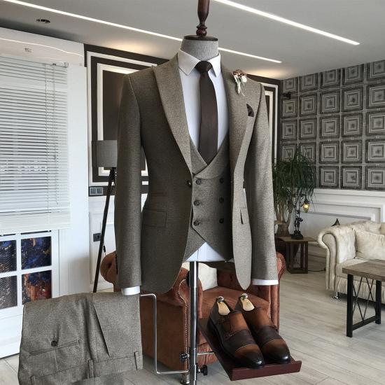 Artemis Elegant Solid Dark Brown Peaked Lapel One Button Business Men Suits_2