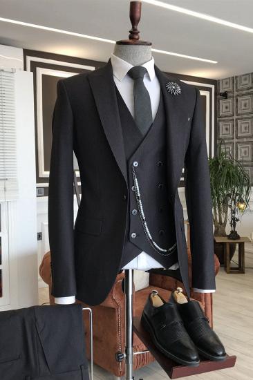 Martina All Black One Button 3-Pieces Peaked Lapel Tailored Suits For Men_1