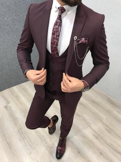 Penelope Elegant Burgundy Three Pieces Slim Fit Peaked Lapel Men Suits_1