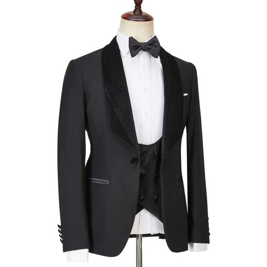 Modern  Black  Shawl Lapel Sparkle Three Pieces Men Wedding Suits | Happnessmall_3