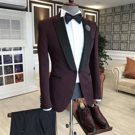Maverick Stylish Burgundy Mixed Black Peaked Lapel One Button Men's Formal Suit_2