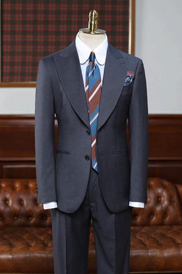 Marigold Gentle Black Striped Peaked Lapel Slim Fit Custom Business Suit