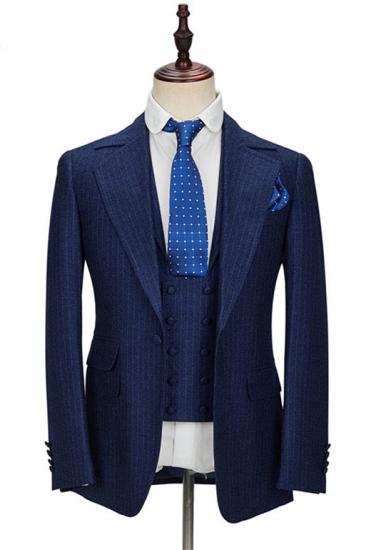 Navy blue notch lapel slim fit formal men's suit with stripes