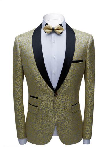 Samuel Gold Printed Slim Fit Prom Men Suits with Black Shawl Lapel