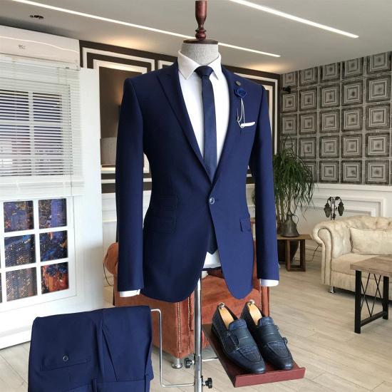 Modern Navy Blue Peaked Lapel 3 Flaps Business Men Suits | Happnessmall_2
