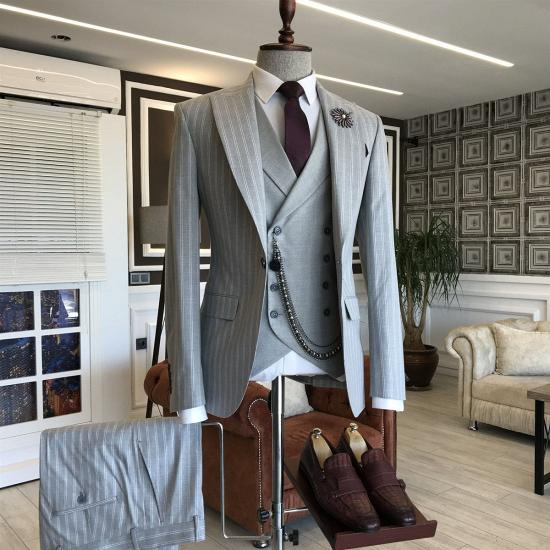 Newest Gray Striped Peaked Lapel 3-pieces Men Suits For Business | Happnessmall_2