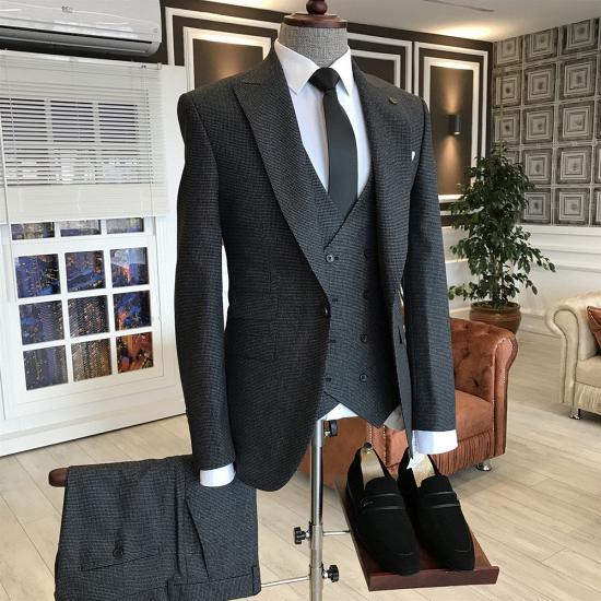 Happnessmall Black Small Plaid Peaked Lapel Double Breasted Custom Business Suits With Waistcoat_2