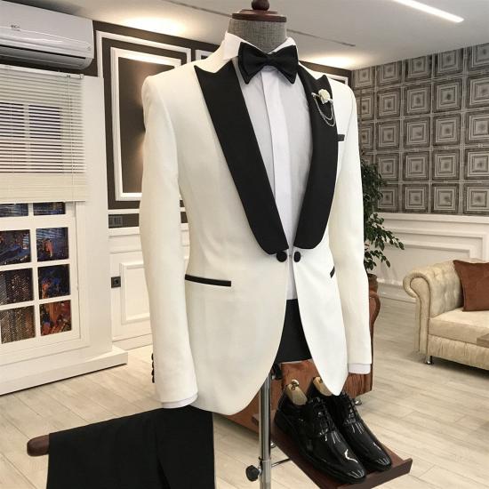 Phoenix Chic White Mixed Black Peaked Lapel One Button Slim Fit Prom Men Suit_2