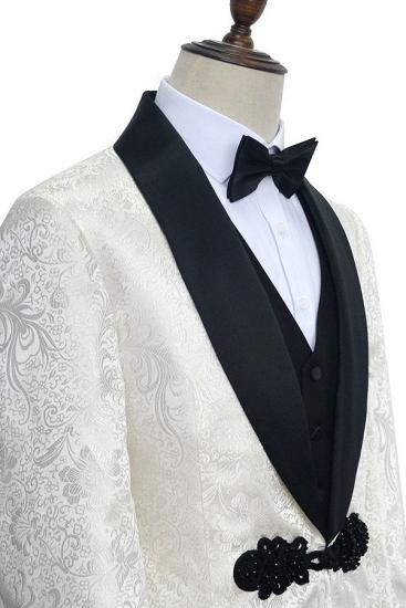 Gorgeous Knitted Button Black Shawl Lapel Three Piece White Jacquard Wedding Tuxedo for Men_3