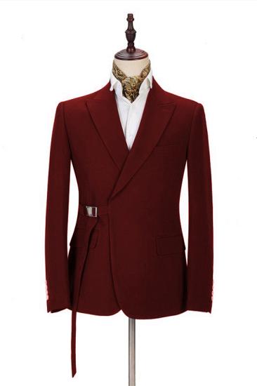 Fashion Peak Lapel Buckle Button Formal Burgundy 2 Piece Men's Casual Suit With Adjustable Buckle