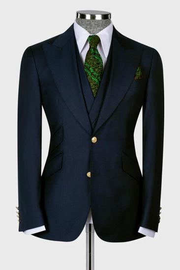 New Dark Blue 3 Piece Peaked Lapel Slim Fit Men Suits With Classic Vest_2