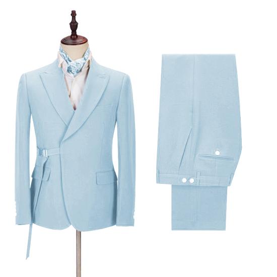 Unique Bespoke Sky Blue Peaked Lapel Men Suits with Adjustable Buckle_2
