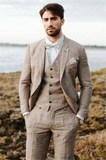 Khaki summer beach linen men's classic suit | comfortable groom's wedding tailcoat 3-piece set