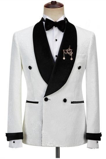 Stylish Sparkle Shawl Lapel Jacquard Double Breasted White Wedding Suits | Happnessmall