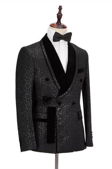 Fashion  Lapel Double Breasted Prom Suit | Belt Leopard Black Jacquard Men's Suit for Wedding_2