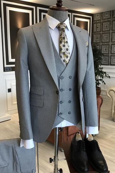 Happnessmall Formal Black Small Plaid Peaked Lapel One Button Business Suits For Men