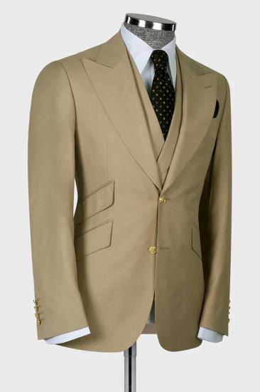Stylish Khaki 3 Piece Peaked Lapel Slim Fit Men Suits With Classic Vest_3