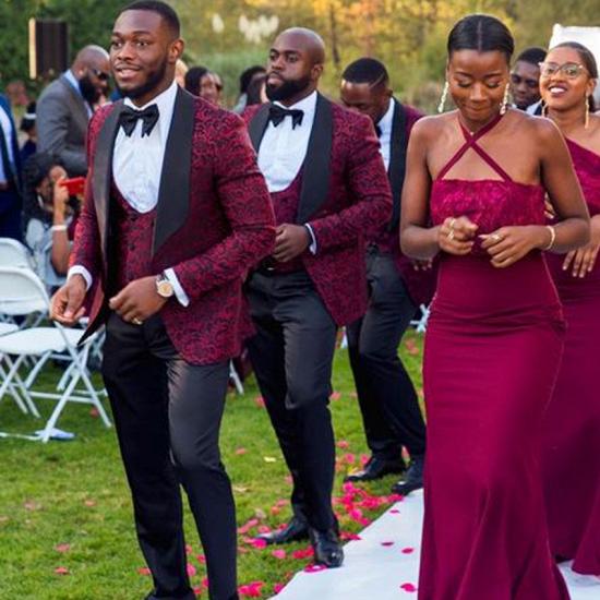 New Red Jacquard Three-Piece Shawl Lapel Wedding Groomsmen Suits_2
