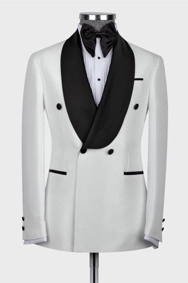 Fashionable white two-piece double breasted wedding dress with black shawl lapel