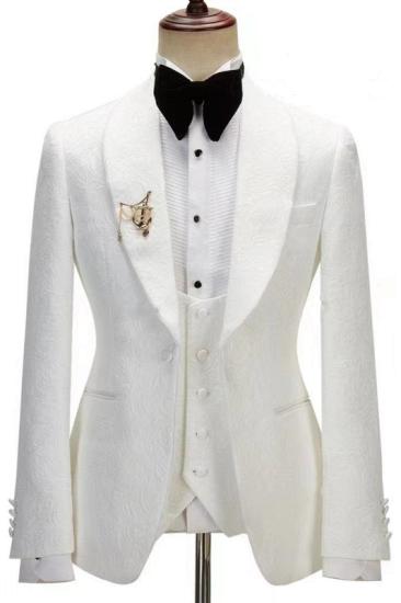 Phoenix Stylish White Jacquard Three Pieces Wedding Suits With Shawl Lapel