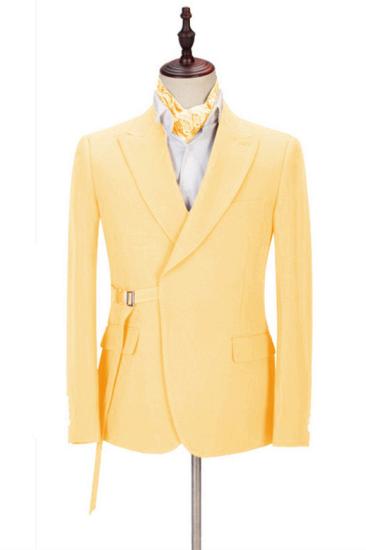 Chic Yellow Peaked Lapel Slim Fit Prom Men Suits With Belt