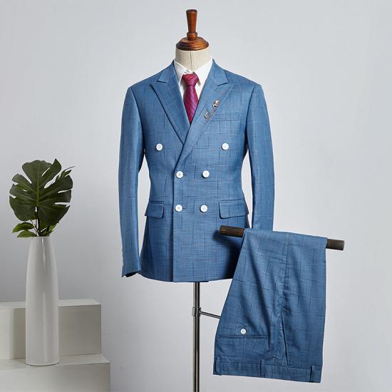 Christopher Chic Blue Plaid Peaked Lapel Double Breasted Custom Business Suit_2