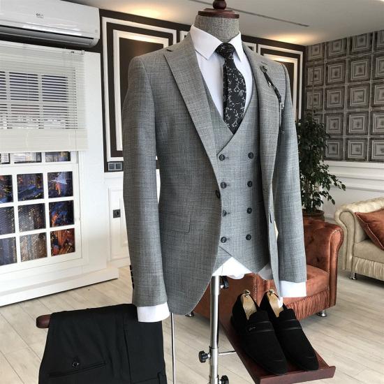 Theodora Regular Gray Plaid 3-Pieces Notched Lapel One Button Men Suits_2